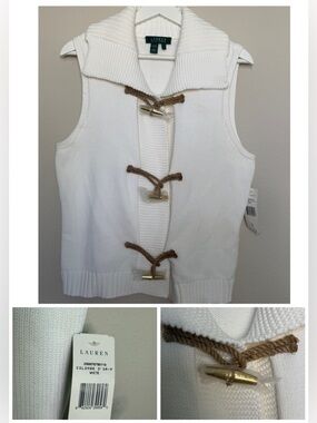 LAUREN Ralph Lauren White Cotton Sleeveless Nautical Sweater Toggle Vest